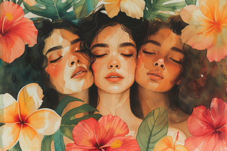 Three beautiful women surrounded by flowers and hibiscus in watercolor illustration of exquisite femininity and natures beautyの素材