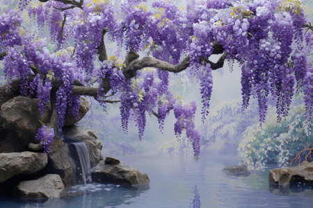 Scenic landscape painting of a tree with purple flowers in front of a waterfall and pond in natureの素材