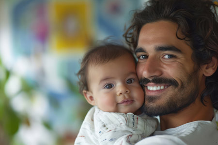 Father and Son, Happy Together at Home: Adorable Toddler in the Loving Embrace of his Dadの素材