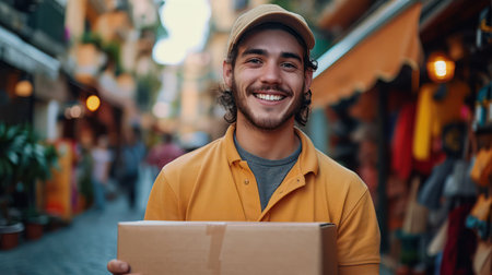 Happy Courier Delivering a Smiling Package: Portrait of a Young Caucasian Delivery Man Holding a Cardboard Box in his Hands, Outdoorsの素材