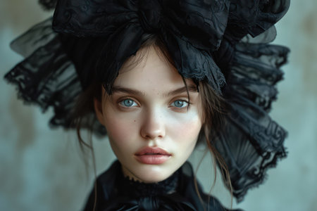 Beauty Woman Portrait with Vintage Glamour and Creative Style: Attractive Lady in Romantic Black Veil.の素材