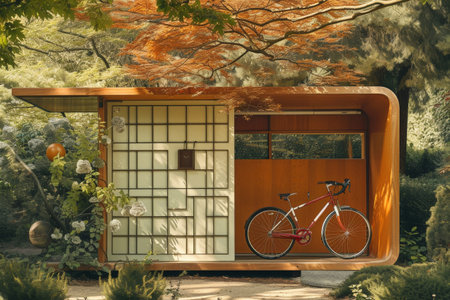 Bicycle parked in front of small house with orange door and tree in backgroundの素材