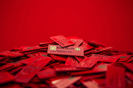 Stack of Bright Red Credit Cards on Vibrant Red Background with Space for Text or Informationの素材