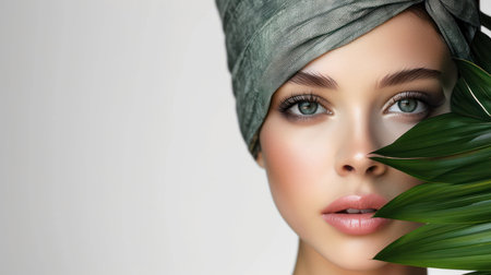 Fresh and Glamorous: Young Caucasian Woman with Attractive Natural Beauty and Flawless Skin, Perfect Makeup and Sensual Lipstick, Exuding Health and Beauty on a Clean White Backgroundの素材