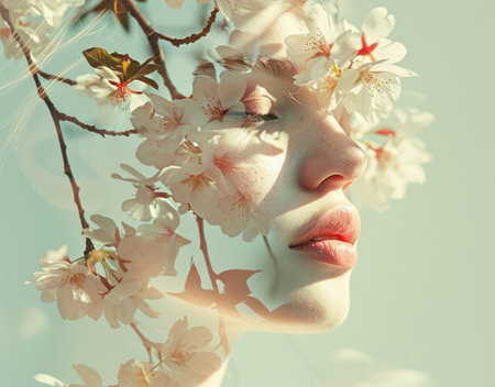 Fresh Bloom: A Sensual Portrait of a Young Caucasian Woman with Flowery Makeup and Graceful Hair in a Clean Studio Backgroundの素材