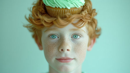 Young boy with freckles wearing a quirky green cupcake hat on his head, standing out with humor and creativityの素材