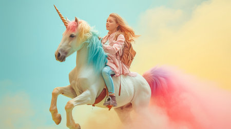 Girl riding unicorn in rainbow cloud of smoke, magical fantasy concept Mythical creature and dreamy atmosphere in surreal settingの素材