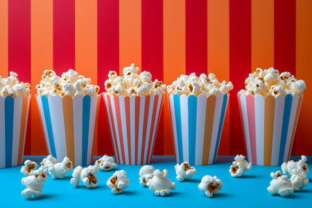 Colorful Striped Popcorn in Paper Cups on Blue and Orange Background, Top View Food Photography Conceptの素材
