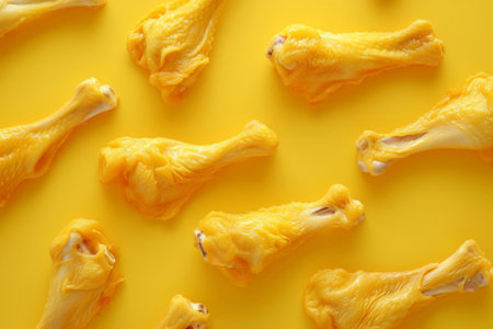 Delicious crispy chicken wings with the text chicken wings on a vibrant yellow backgroundの素材