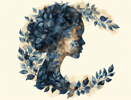 Watercolor illustration of a woman with leaves in her hair and crescentshaped leavesの素材