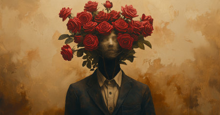 A portrait of a man wearing a suit and tie with red roses on his head in a painting styleの素材
