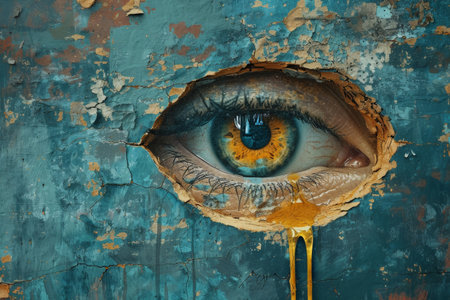 Close up of human eye shedding a tear, with tear rolling down the cheek in emotional moment captured in wall artの素材