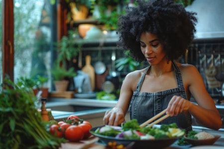 Fresh and Healthy: Beautiful Young Woman Cooking a Vegetarian Salad in a Home Kitchenの素材