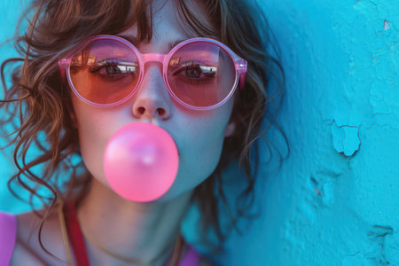 Bubblegum Beauty: A Playful, Retro Portrait of a Young Girl Blowing Chewing Gum Bubble in Studio.の素材