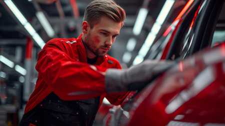 A man wearing a red jacket performing maintenance on a vehicle in an auto repair shopの素材