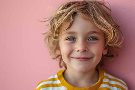 Portrait of a young blonde boy with blue eyes standing in front of a pink wallの素材