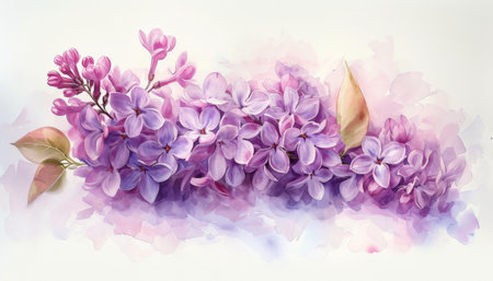 Beautiful watercolor painting of delicate purple lilac flowers on a clean white backgroundの素材