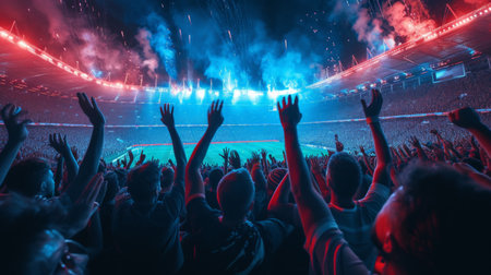 Cheering crowd with hands in the air at stadium with fireworks display in background at nightの素材