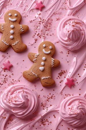 Two festive gingerbread men sitting on a pink cake with sprinkles, perfect for holiday celebrationsの素材