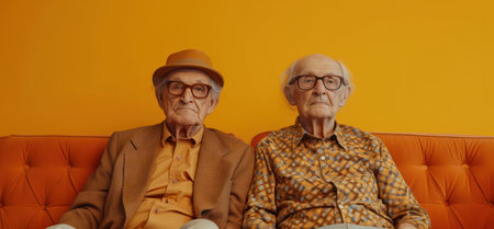 Elderly Retired Couple Enjoying Friendship and Togetherness in Cozy Home Armchair, Smiling with Gray Hair and Looking at Cameraの素材