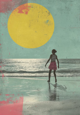 Silhouette of a Peaceful Woman Enjoying a Lonely Beach Sunsetの素材