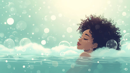 Serene Afro Woman Floating in Water Surrounded by Bubbles, Relaxing and Peaceful Atmosphereの素材