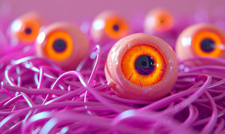 Closeup of numerous artificial eyeballs on pink surface against purple background for Halloween decorationの素材