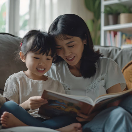 Family Reading Time: A Happy Mother and Her Cute Children enjoying a Book together in the Comfort of their Homeの素材