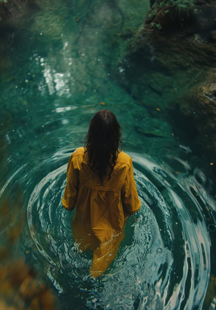 Tropical Reflection: A Young Woman Dives Alone into the Deep Blue Water, Exuding Beauty and Serenityの素材