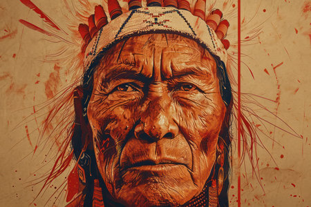 Majestic Chief: A Proud Native American Elder, Capturing the Essence of Ancient Traditions and Cultural Heritageの素材