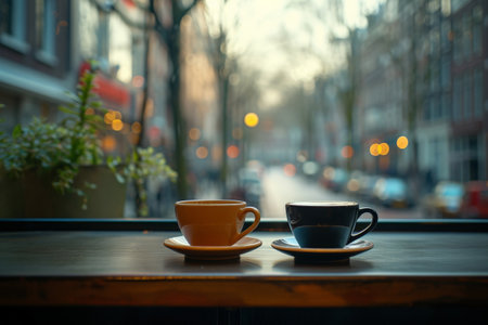 Cozy evening scene with two coffee cups on wooden table by window with city lights in backgroundの素材