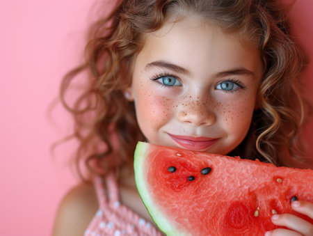 Young girl enjoying a refreshing slice of watermelon against a vibrant pink backgroundの素材