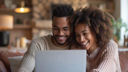 Young African American couple using laptop in living room at home Family leisure, technology and modern lifestyle conceptの素材