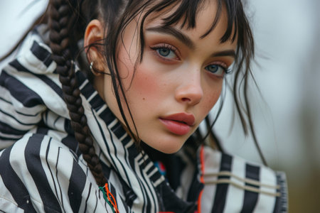 Fashionable young woman with braids wearing a black and white striped jacket posing for the cameraの素材