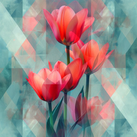 Vibrant red tulips in abstract art with geometric shapes on blue and white backgroundの素材