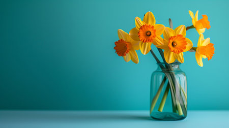 Beautiful yellow daffodils in a glass vase on a serene blue background, creating a vibrant and elegant spring displayの素材