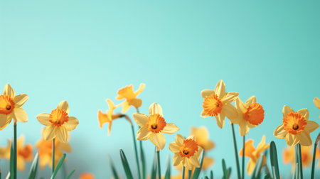Blooming yellow daffodils in a field under a bright blue sky on a sunny dayの素材