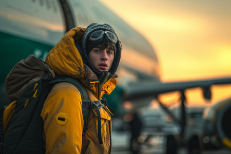 Young man in yellow jacket standing in front of airplane at airport, ready for adventureの素材