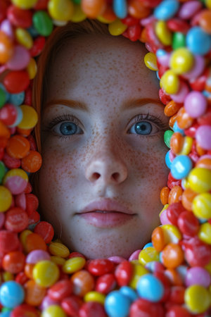 Closeup portrait of freckled young girl surrounded by colorful candies in a vibrant and sweet sceneの素材
