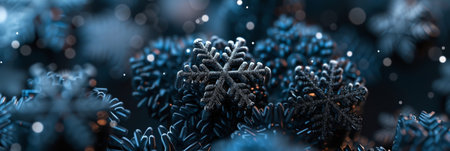 Beautiful Winter Snowflakes on Dark Blue Background with Subtle Snowfall Sparkles and Flakes in the Backgroundの素材