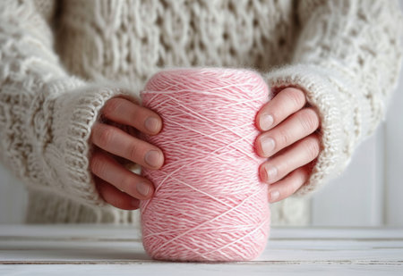 Woman in knitted sweater holding pink spool of yarn on wooden table in cozy home settingの素材