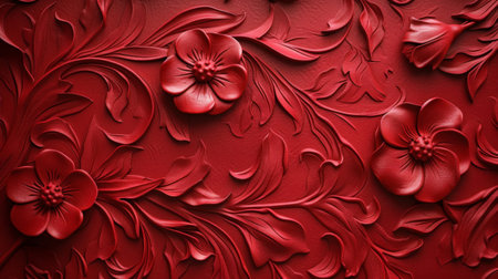 Red floral pattern on textured red background, vibrant 3D rendering with intricate detail and depth perceptionの素材