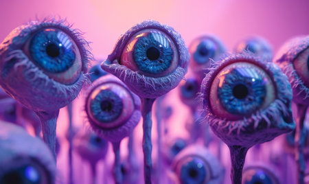 Group of purple alien eyeballs on bright pink background, surreal 3D illustration with vibrant colors and unique design conceptの素材