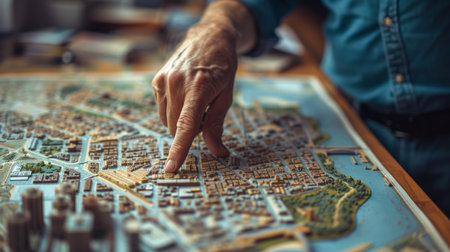 Man pointing at map of urban city on table in front of him, planning directions and exploring locationsの素材