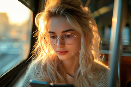 Woman in glasses sitting on a bus or in a car, looking at her phone, modern urban lifestyle conceptの素材