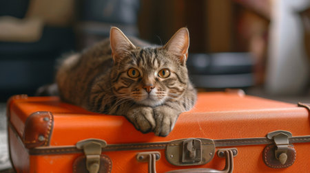 Tabby cat resting on an orange suitcase on carpeted floor in a cozy room settingの素材