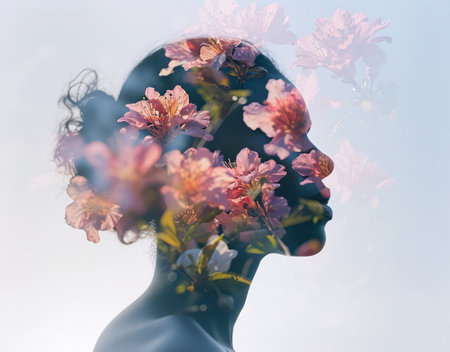 Floral Beauty: A Young Womans Profile Portrait with Creative Black Silhouette and Double Exposure Effect in an Isolated Nature Background.の素材