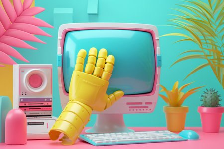 Computer screen with yellow glove and cactus plant on desk in office interiorの素材
