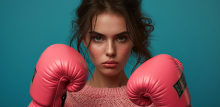 Serious woman with pink boxing gloves on face looking at camera in intense expressionの素材
