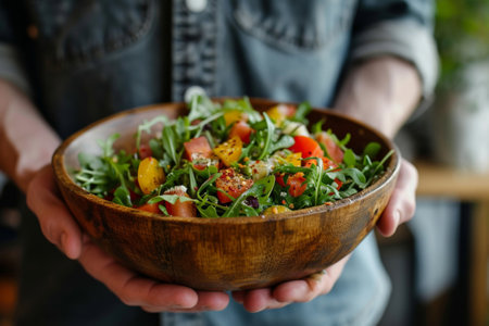 Fresh and healthy salad in a wooden bowl held by a person wearing a blue shirtの素材